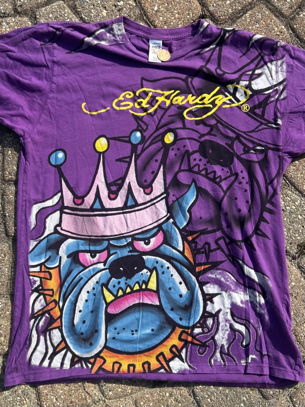 Vintage Y2K Ed Hardy by Christian Audigier Bulldog With Crown AOP Tee XL